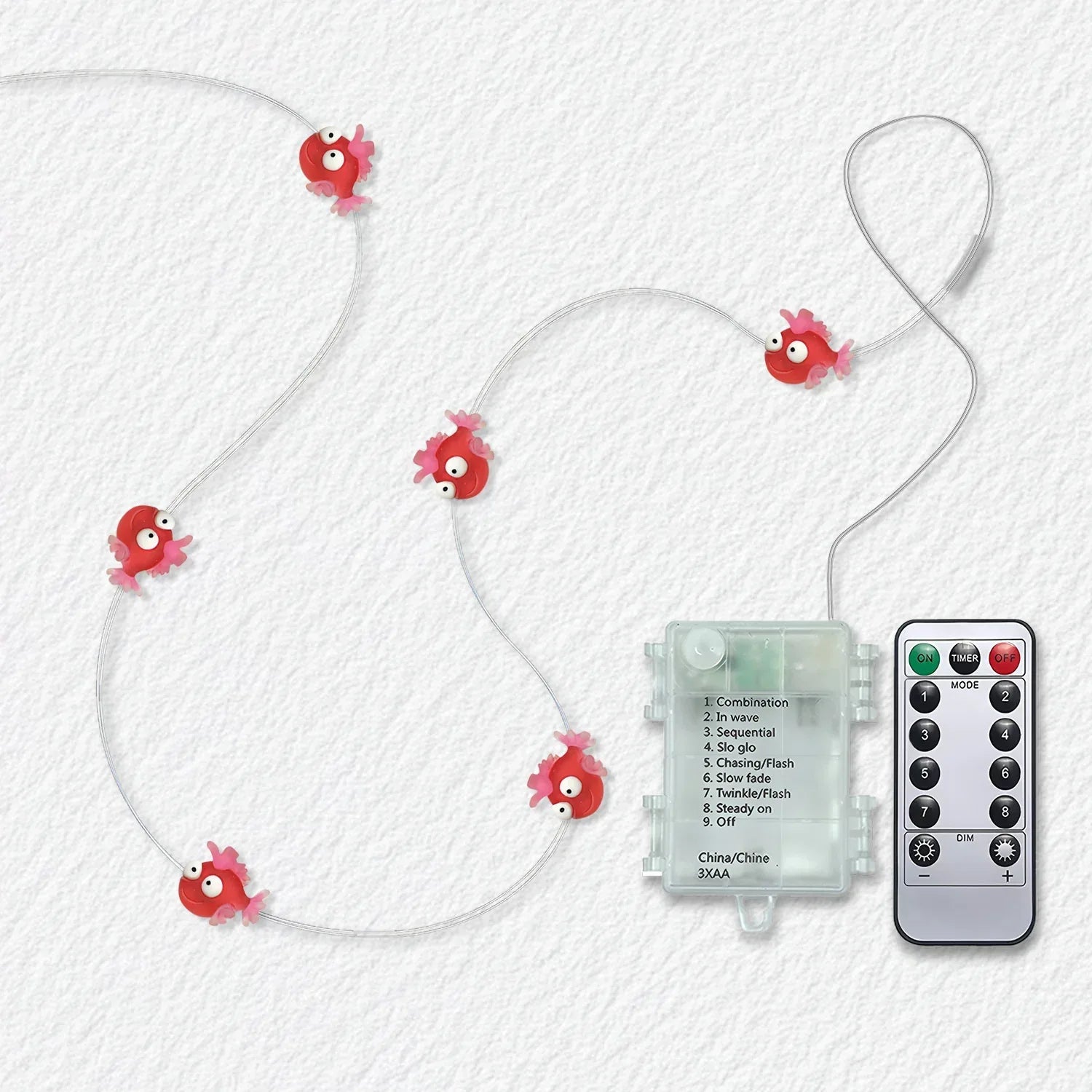 Red Fish fairy string lights with warm LEDs for indoor bedroom decor, battery operated, 10 ft, 30 LED