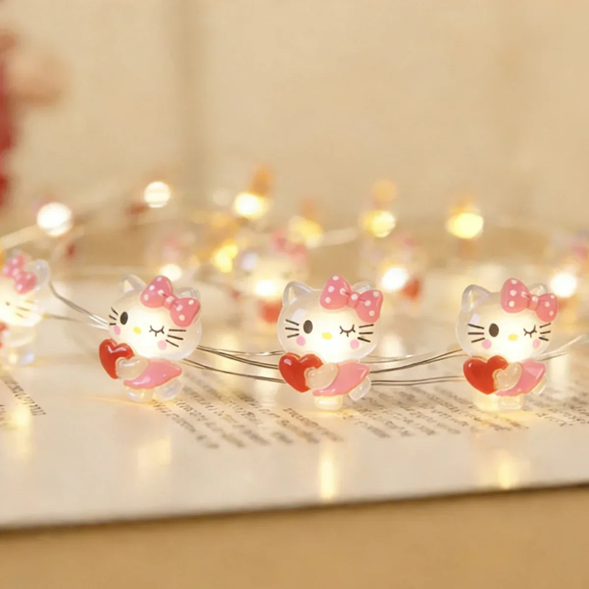 Heart Bow Tie Cat fairy string lights with warm LEDs for indoor bedroom decor, battery operated, 10 ft, 30 LED