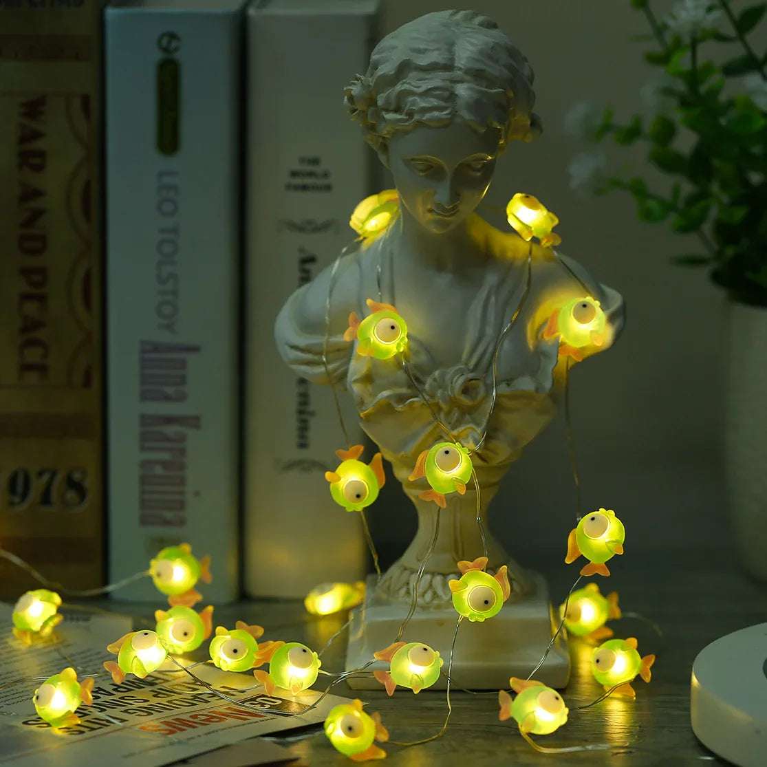 Green Fish fairy string lights with warm LEDs for indoor bedroom decor, battery operated, 10 ft, 30 LED