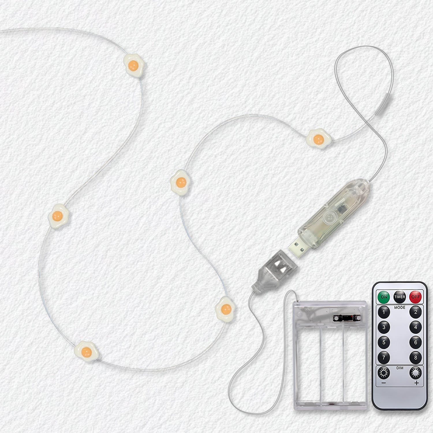 Fried Egg fairy string lights with warm LEDs for indoor room decor, battery operated, 10 ft, 30 LED