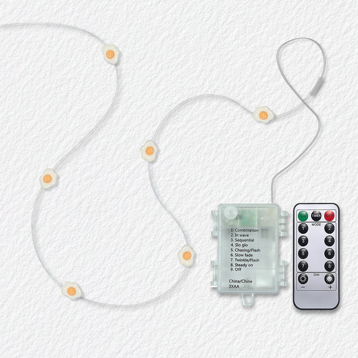 Fried Egg fairy string lights with warm LEDs for indoor room decor, battery operated, 10 ft, 30 LED