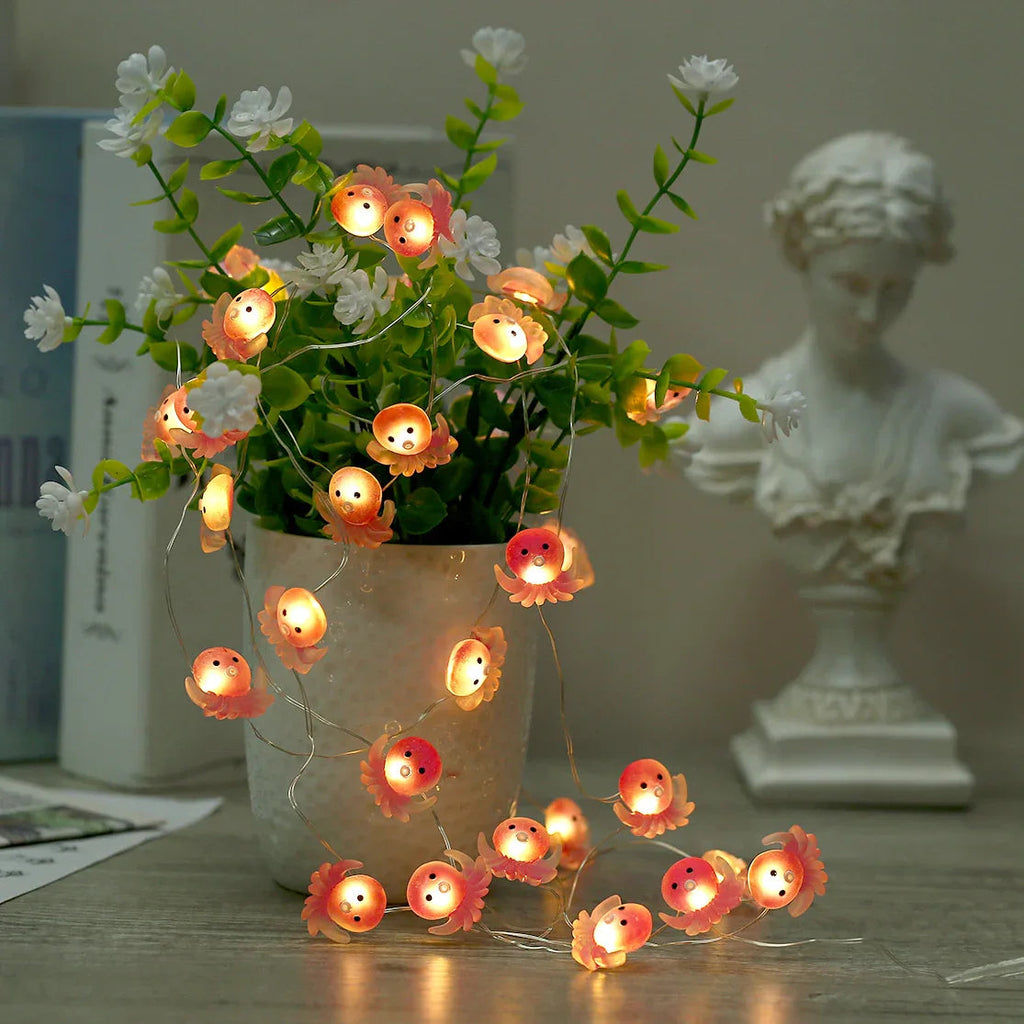 Octopus fairy string lights with warm LEDs for indoor bedroom decor, battery operated, 10 ft, 30 LED