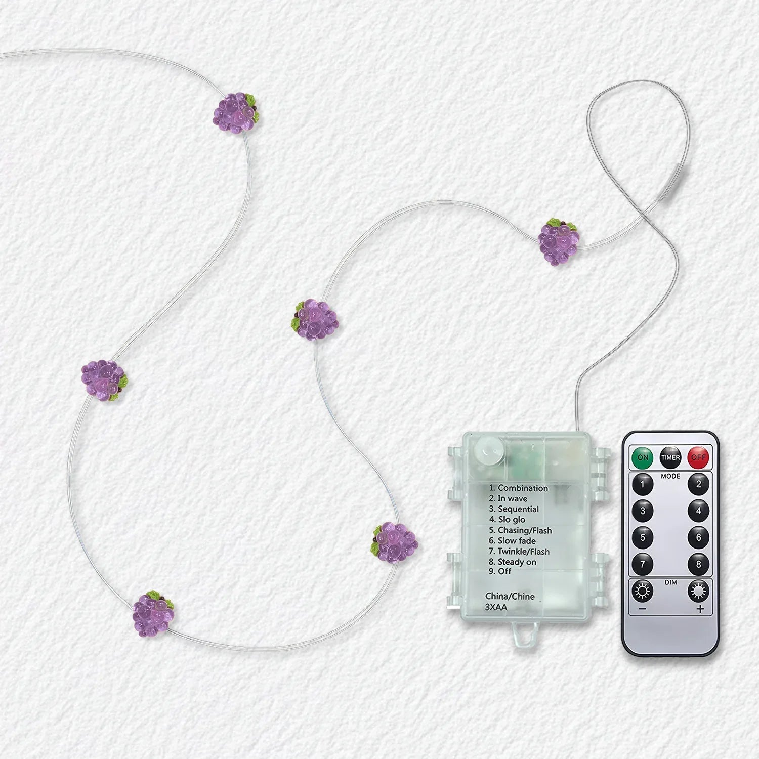 Grapes fairy string lights with warm LEDs for indoor room decor, battery operated, 10 ft, 30 LED