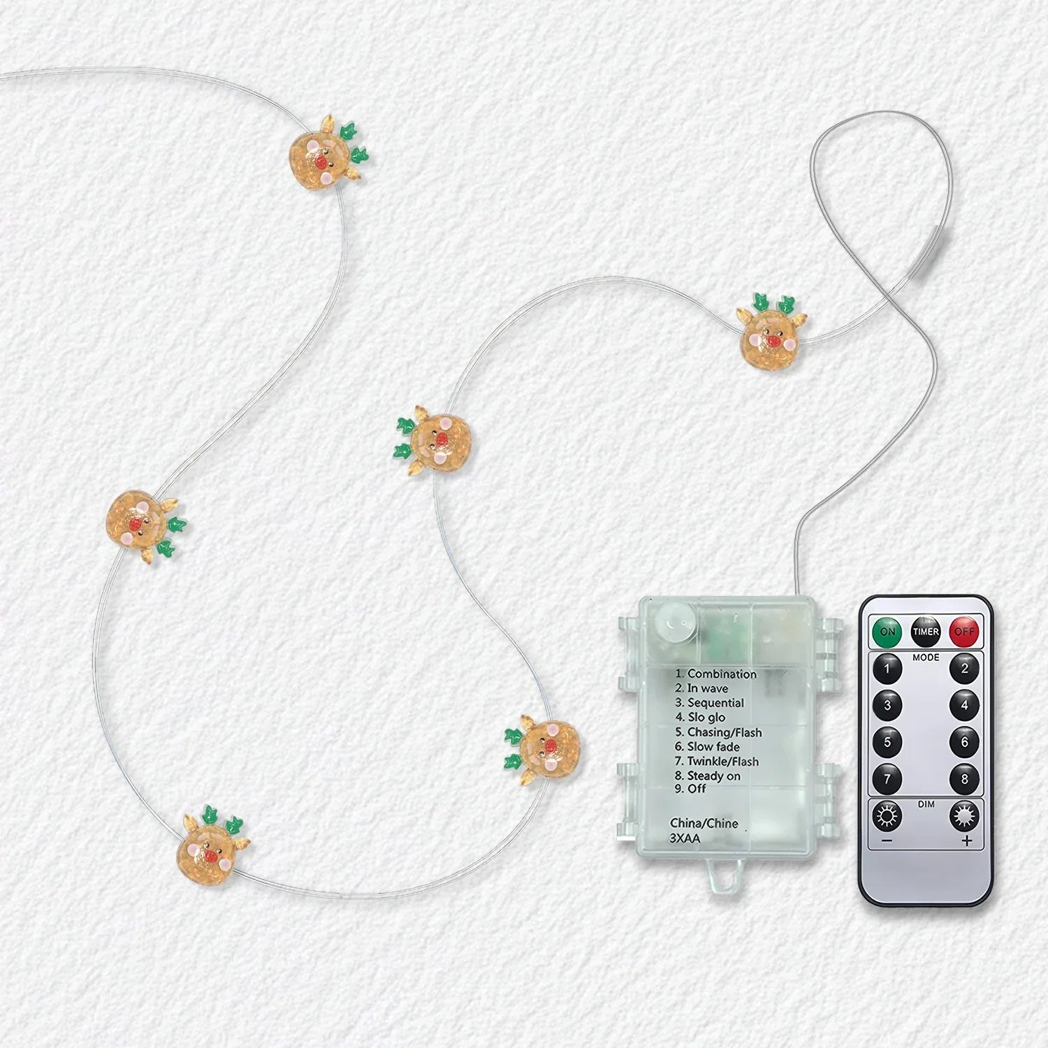 Cute Reindeer fairy string lights with warm LEDs for indoor seasonal decor, battery operated, 10 ft, 30 LED