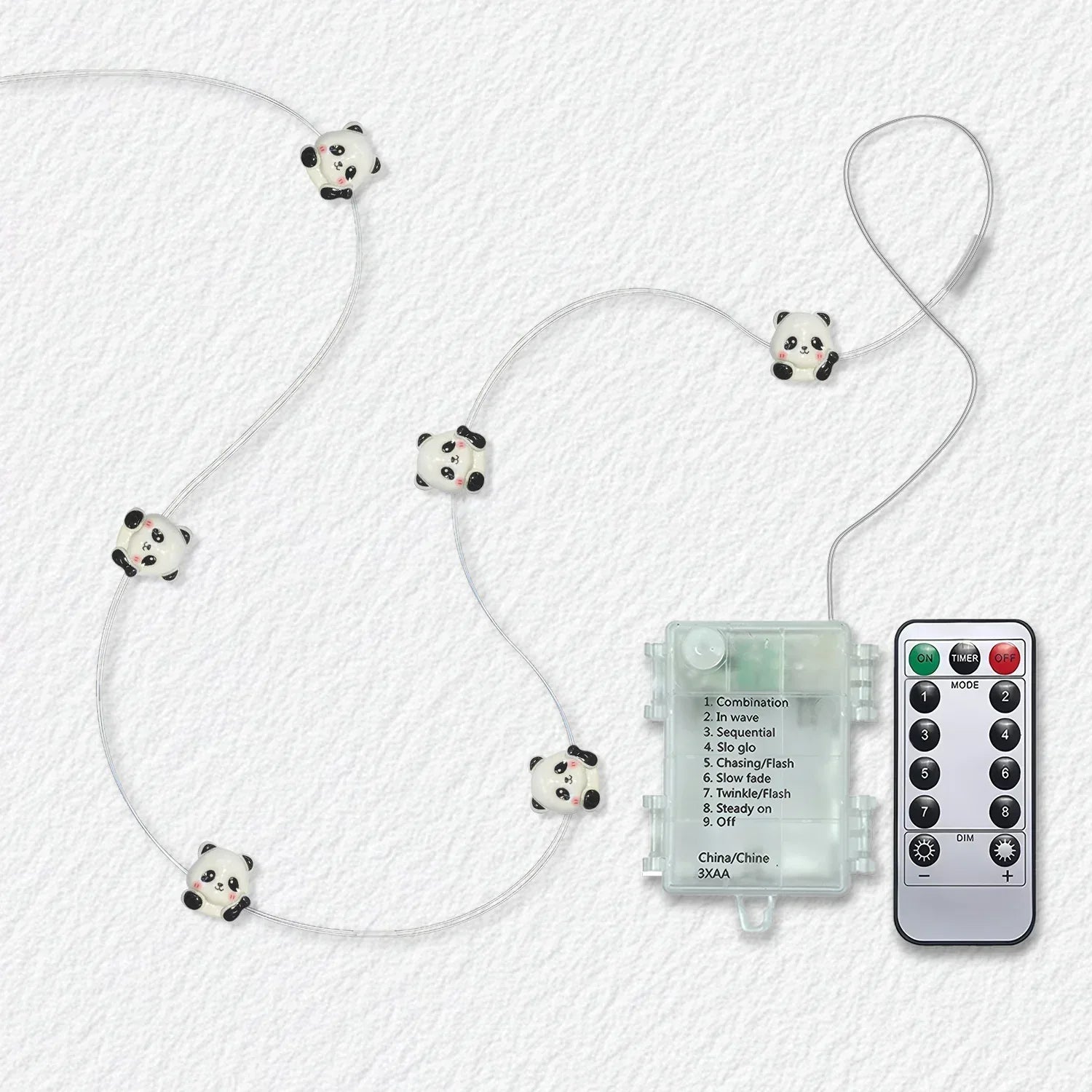 Waving Panda fairy string lights with warm LEDs for indoor bedroom decor, battery operated, 10 ft, 30 LED
