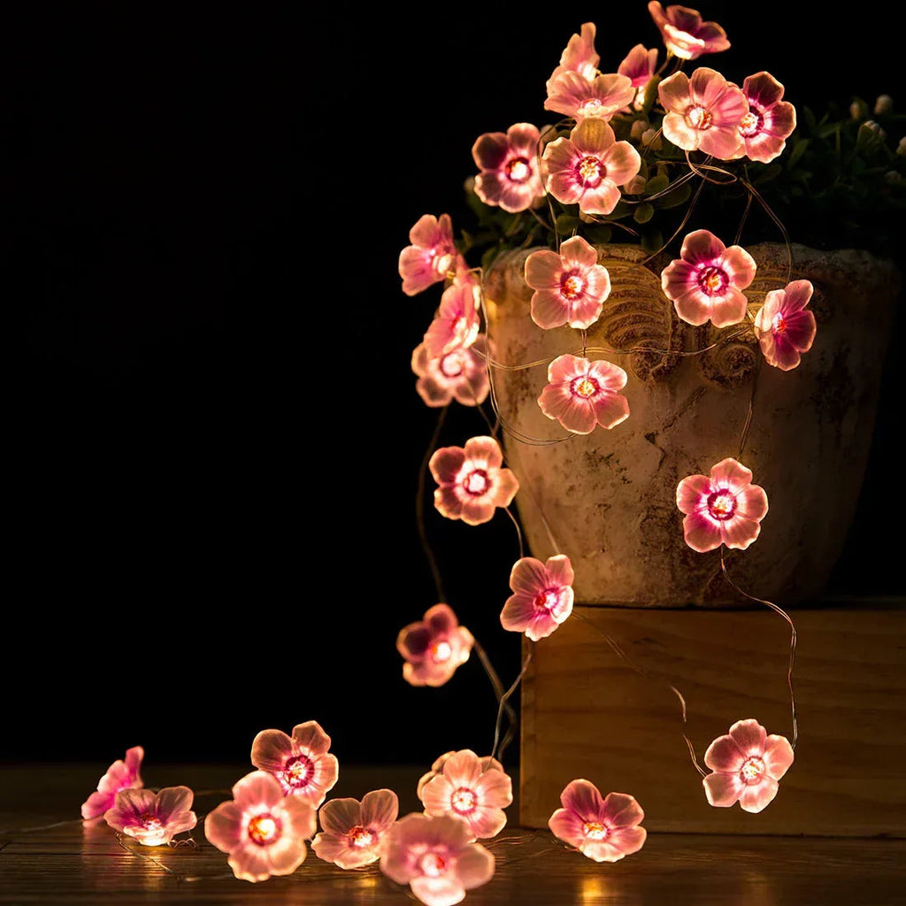 Cherry Blossom fairy string lights with warm LEDs for indoor room decor, battery operated, 10 ft, 30 LED