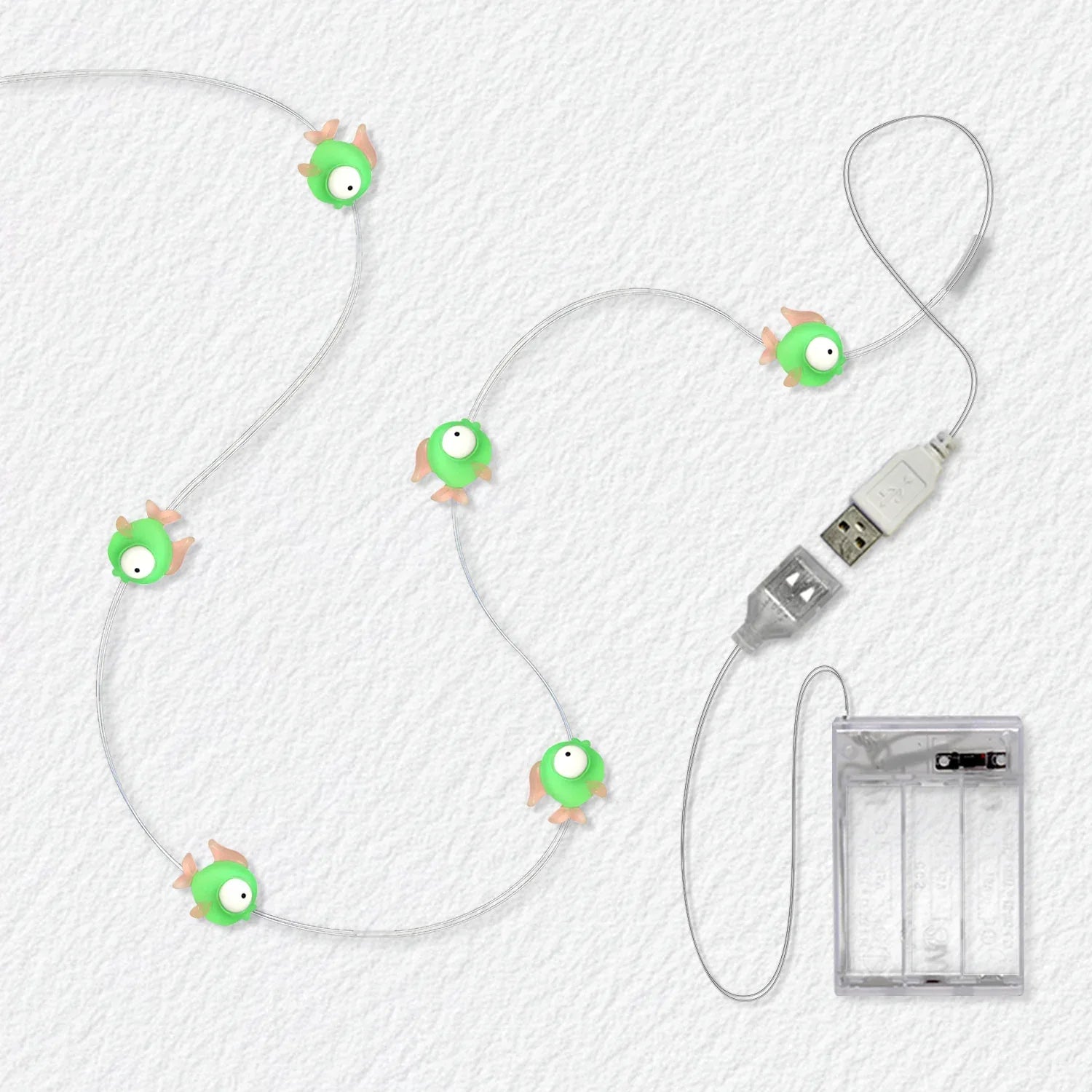 Green Fish fairy string lights with warm LEDs for indoor bedroom decor, battery operated, 10 ft, 30 LED