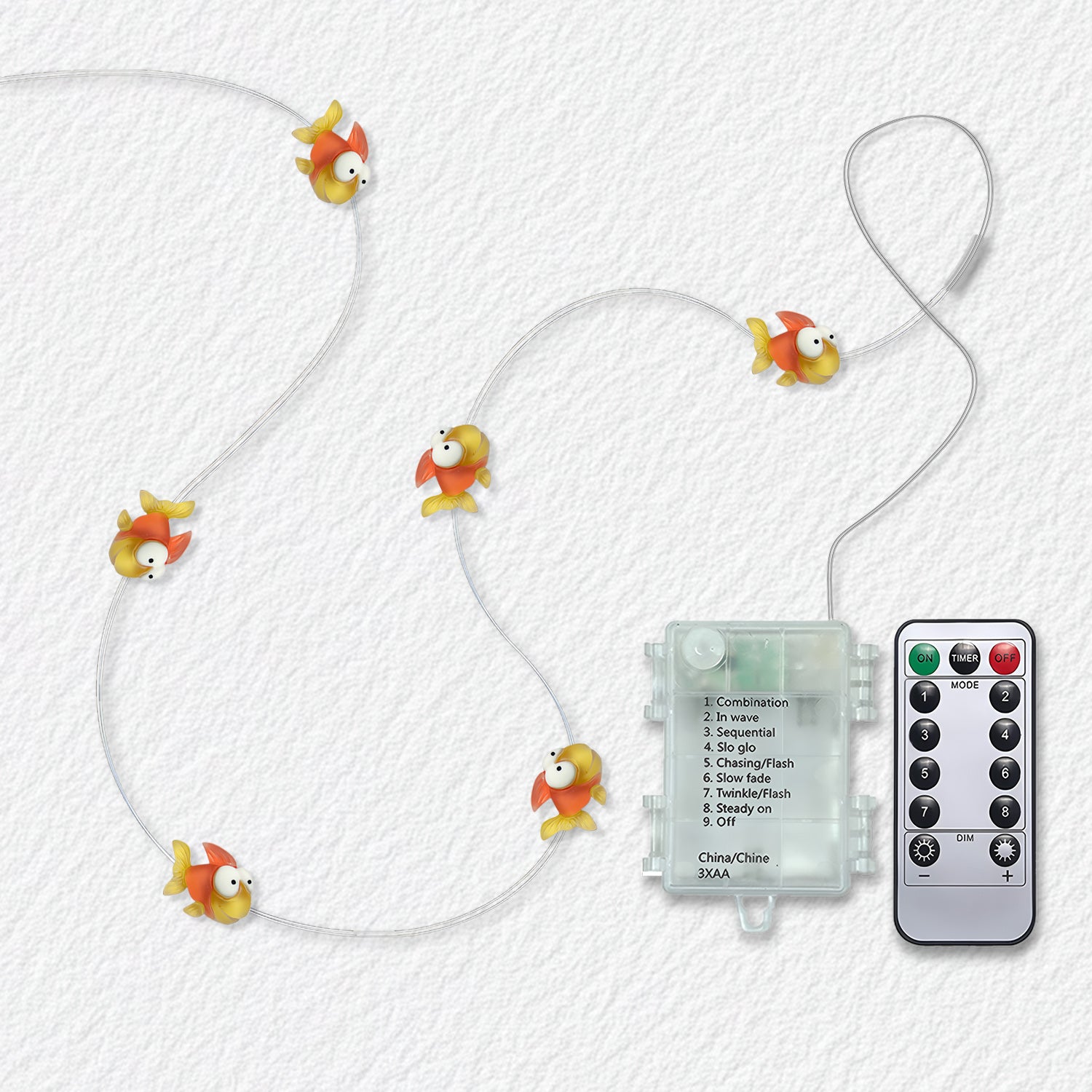 Smiling Fish fairy string lights with warm LEDs for indoor bedroom decor, battery operated, 10 ft, 30 LED
