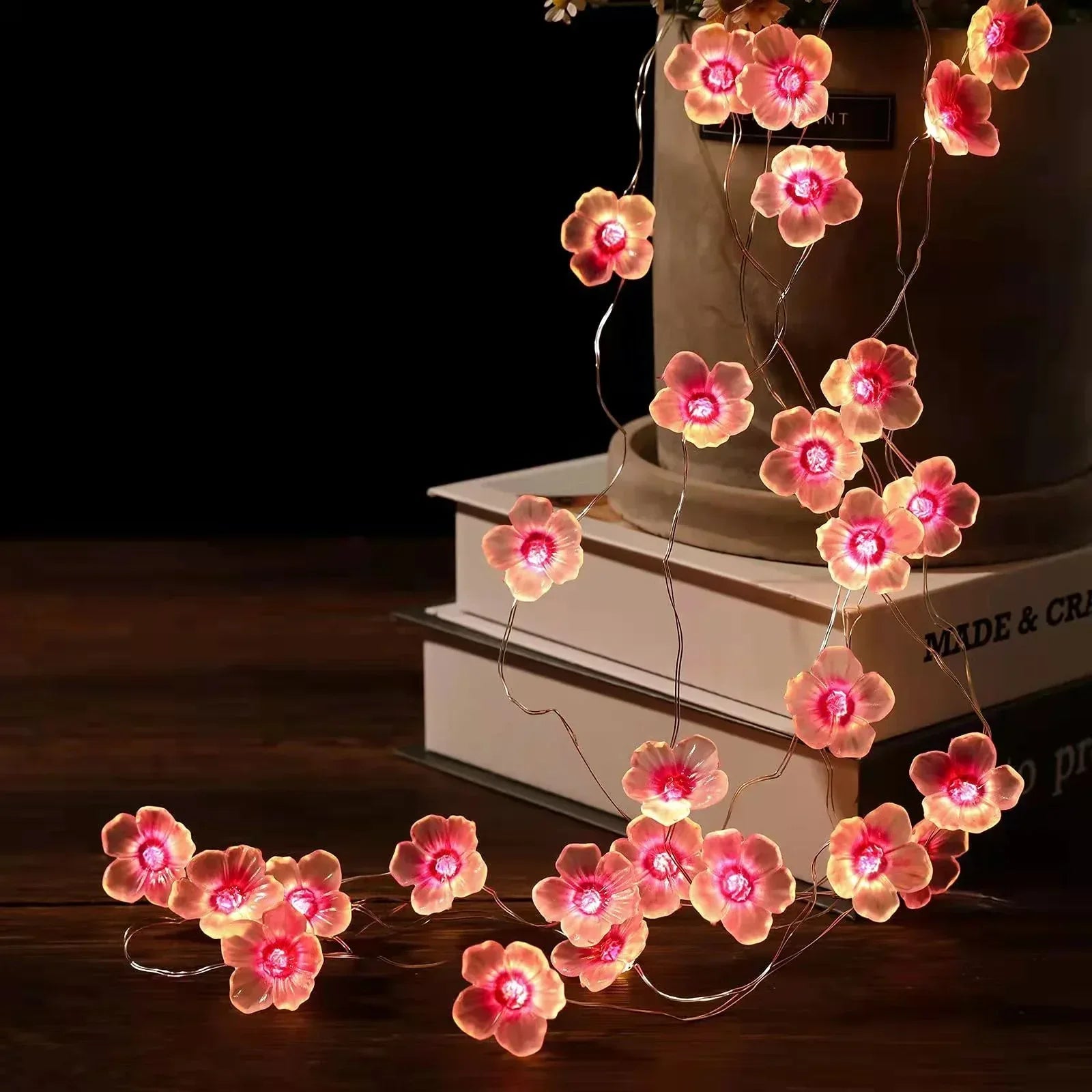 Cherry Blossom fairy string lights with warm LEDs for indoor room decor, battery operated, 10 ft, 30 LED