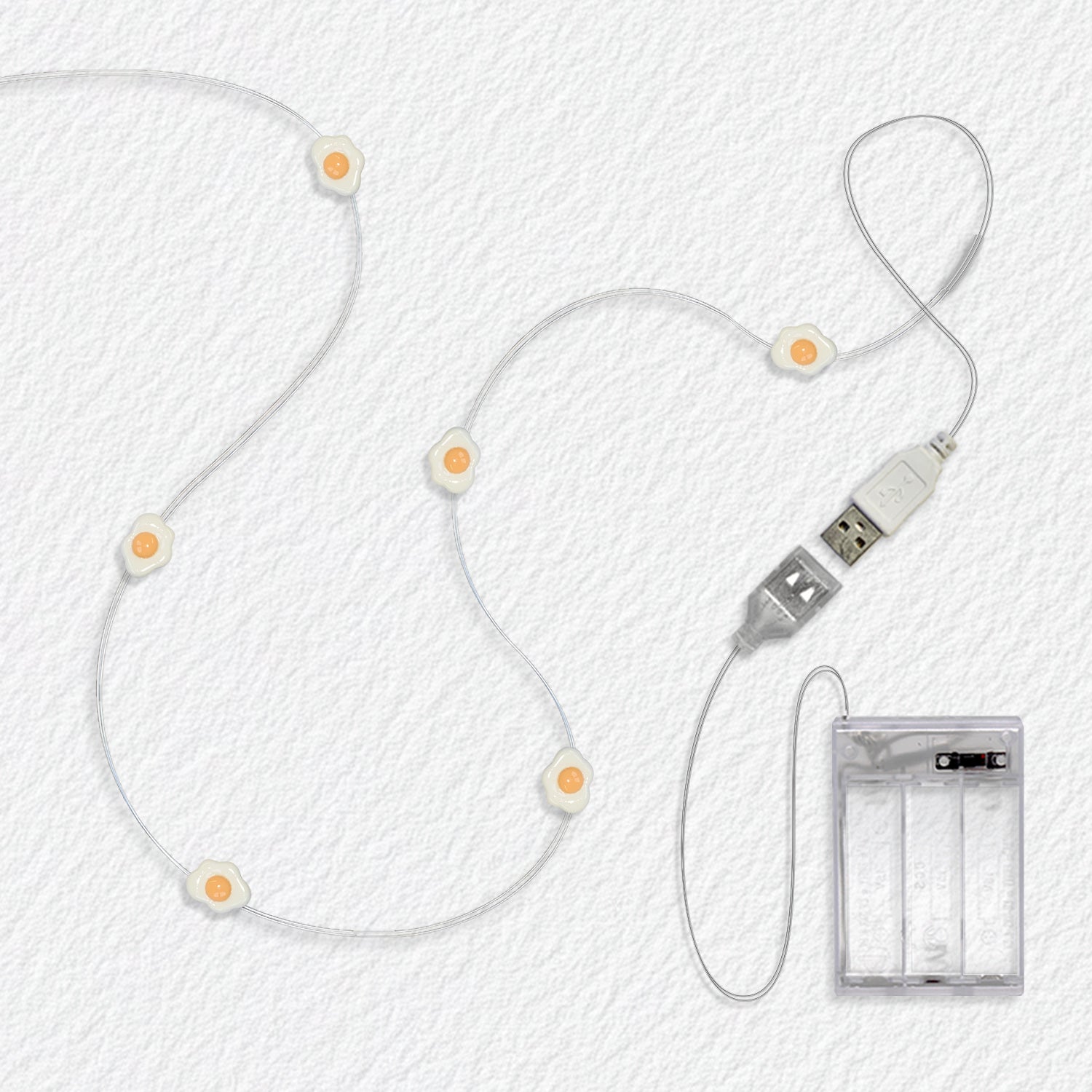 Fried Egg fairy string lights with warm LEDs for indoor room decor, battery operated, 10 ft, 30 LED