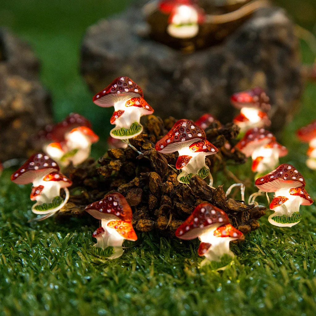 Mushroom fairy string lights with warm LEDs for indoor room decor, battery operated, 10 ft, 30 LED
