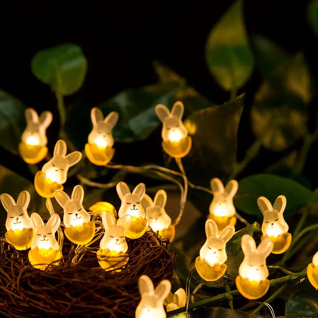 Rabbit fairy string lights with warm LEDs for indoor bedroom decor, battery operated, 10 ft, 30 LED