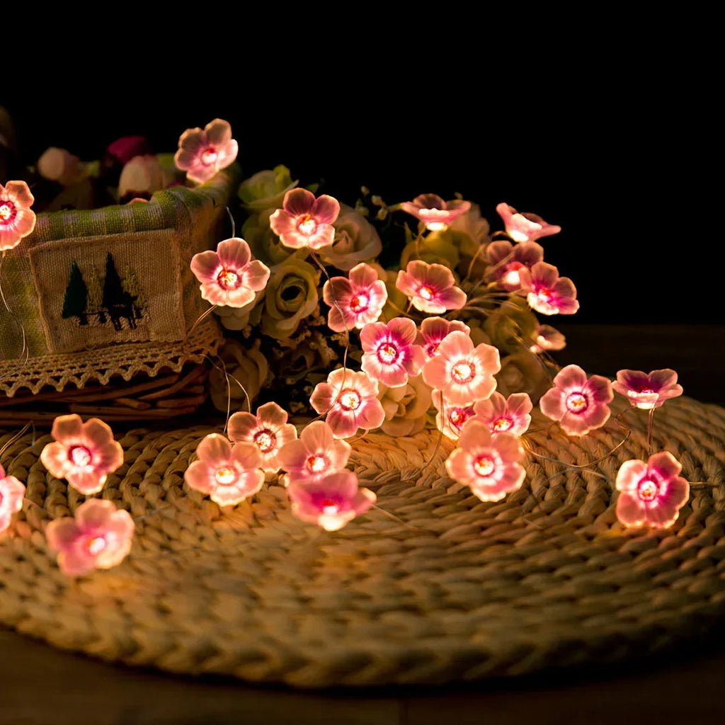Cherry Blossom fairy string lights with warm LEDs for indoor room decor, battery operated, 10 ft, 30 LED