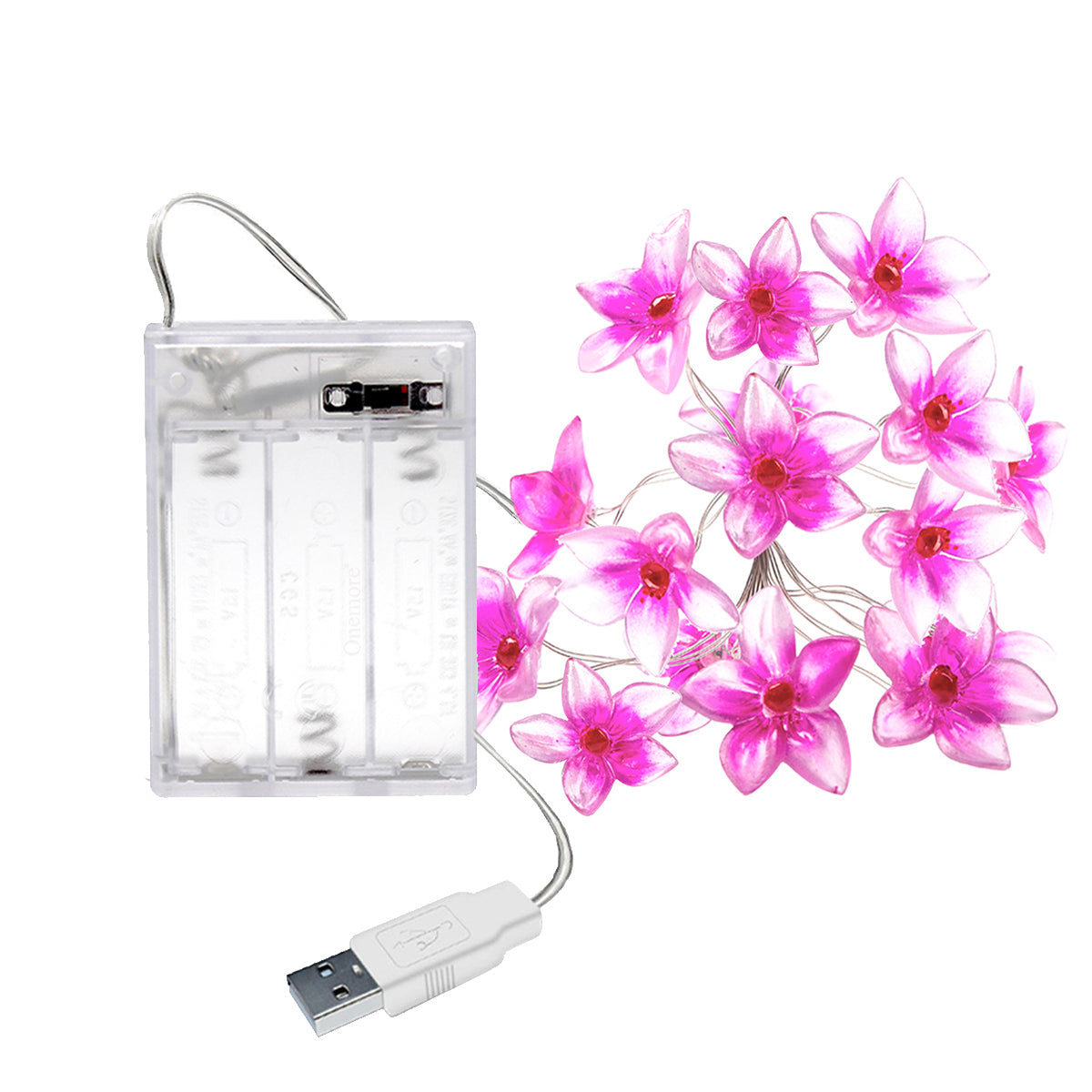 Pink Flower fairy string lights with warm LEDs for indoor room decor, battery operated, 10 ft, 30 LED