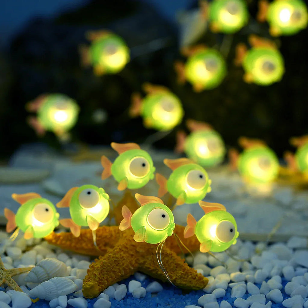 Green Fish fairy string lights with warm LEDs for indoor bedroom decor, battery operated, 10 ft, 30 LED
