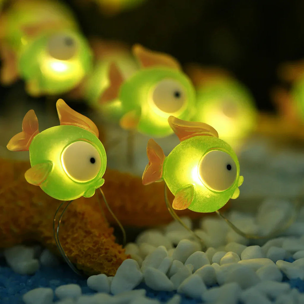 Green Fish fairy string lights with warm LEDs for indoor bedroom decor, battery operated, 10 ft, 30 LED
