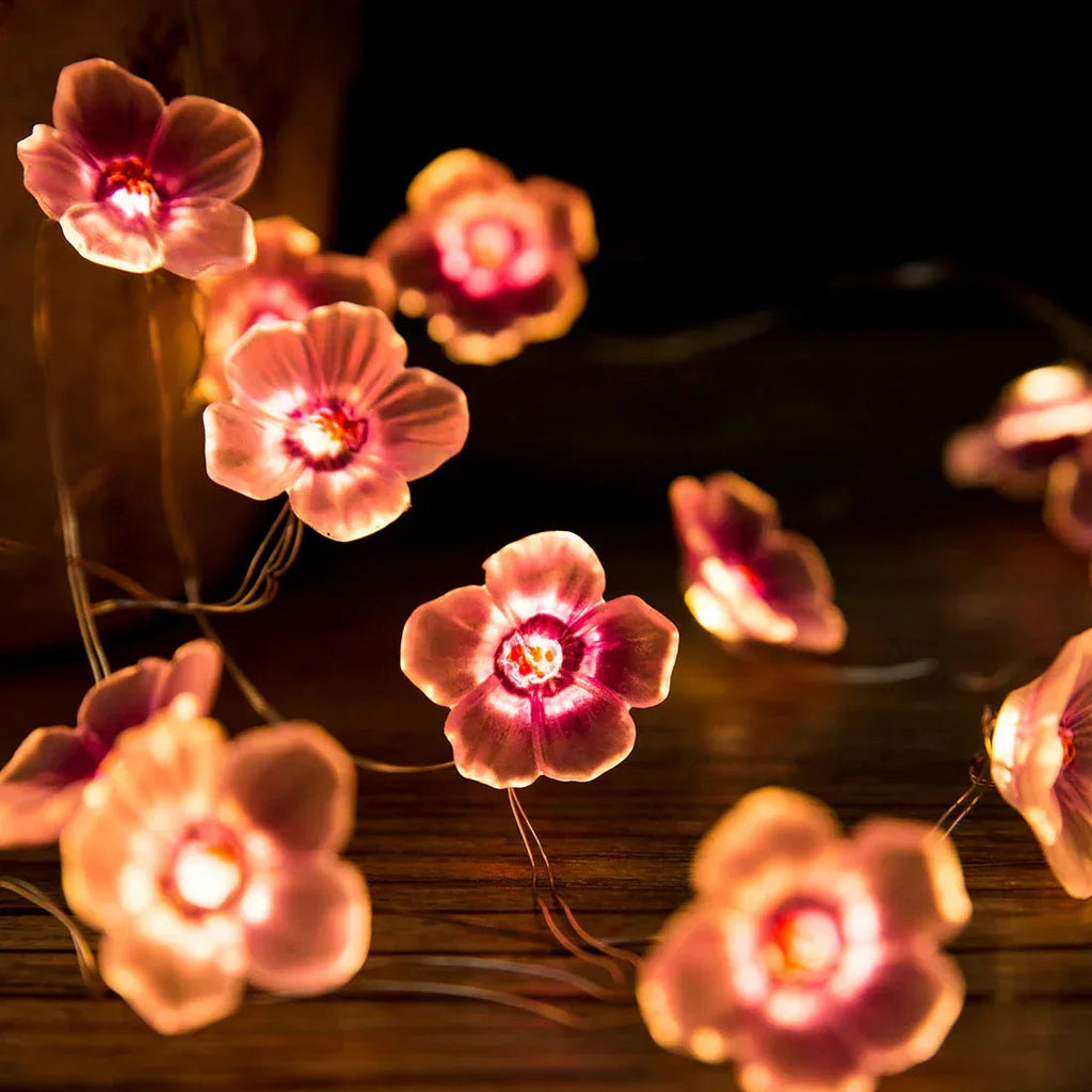 Cherry Blossom fairy string lights with warm LEDs for indoor room decor, battery operated, 10 ft, 30 LED