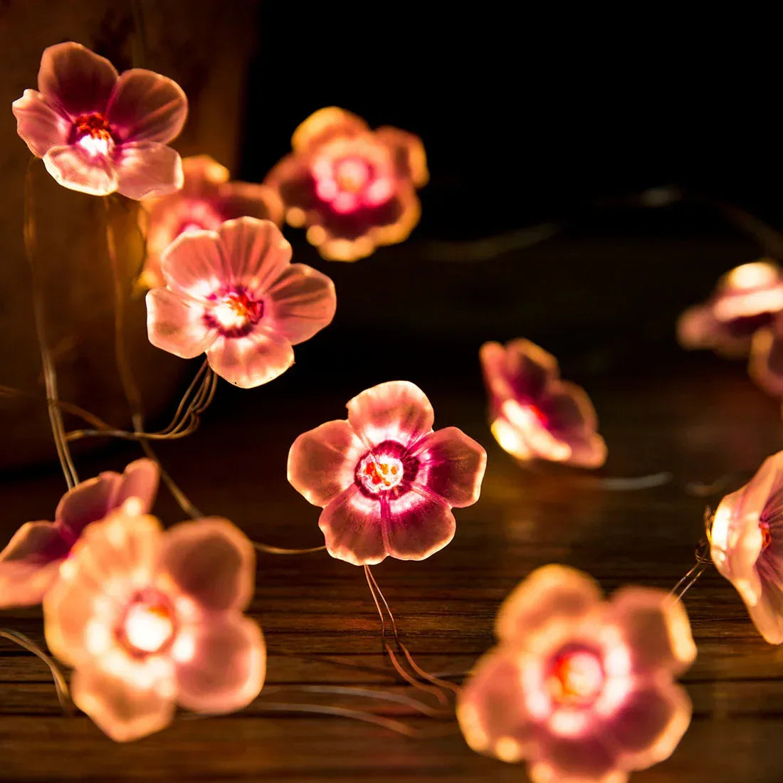 Cherry Blossom fairy string lights with warm LEDs for indoor room decor, battery operated, 10 ft, 30 LED