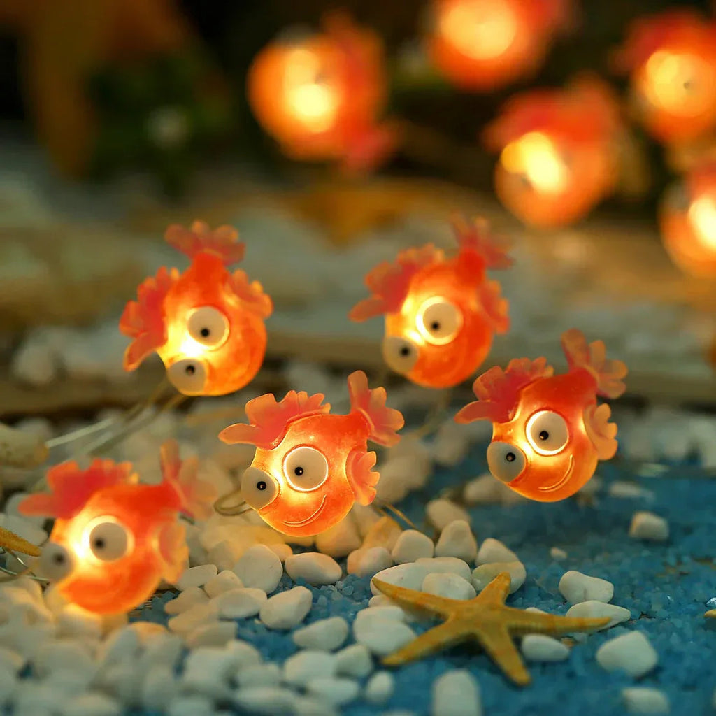 Red Fish fairy string lights with warm LEDs for indoor bedroom decor, battery operated, 10 ft, 30 LED