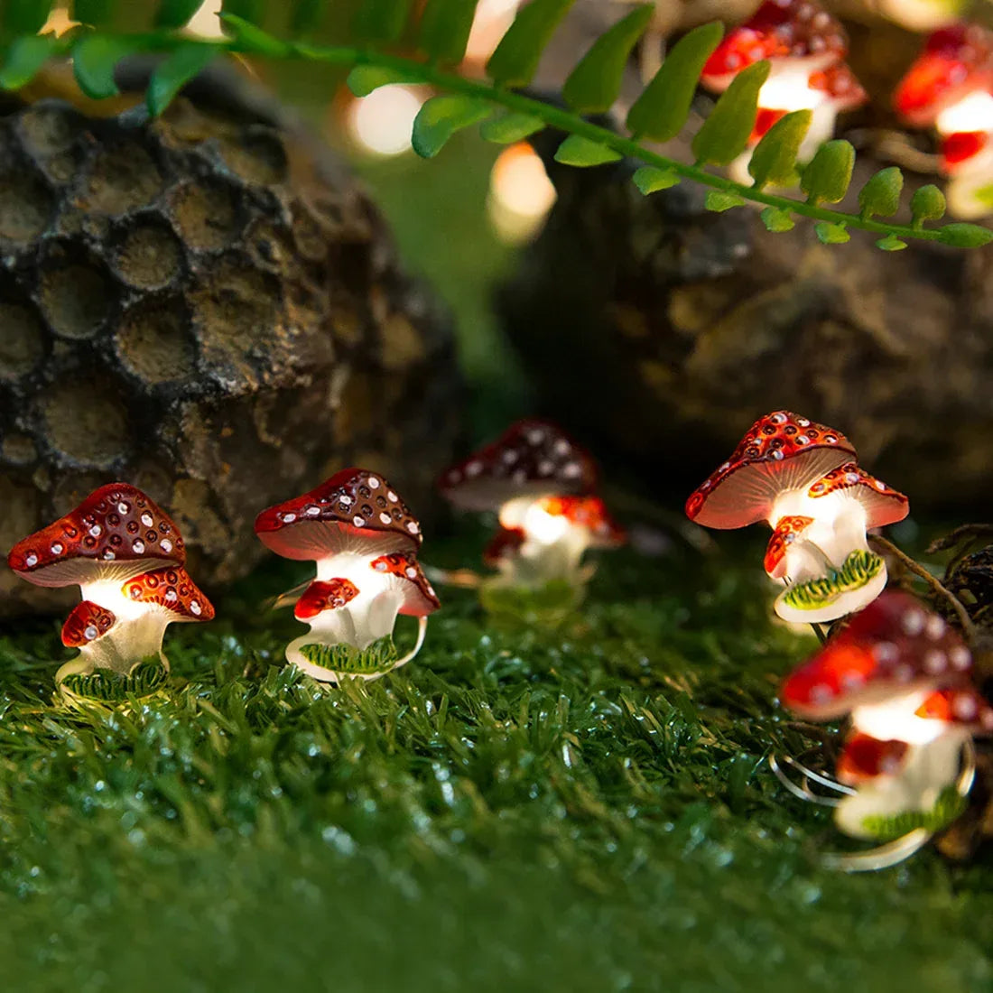 Mushroom fairy string lights with warm LEDs for indoor room decor, battery operated, 10 ft, 30 LED