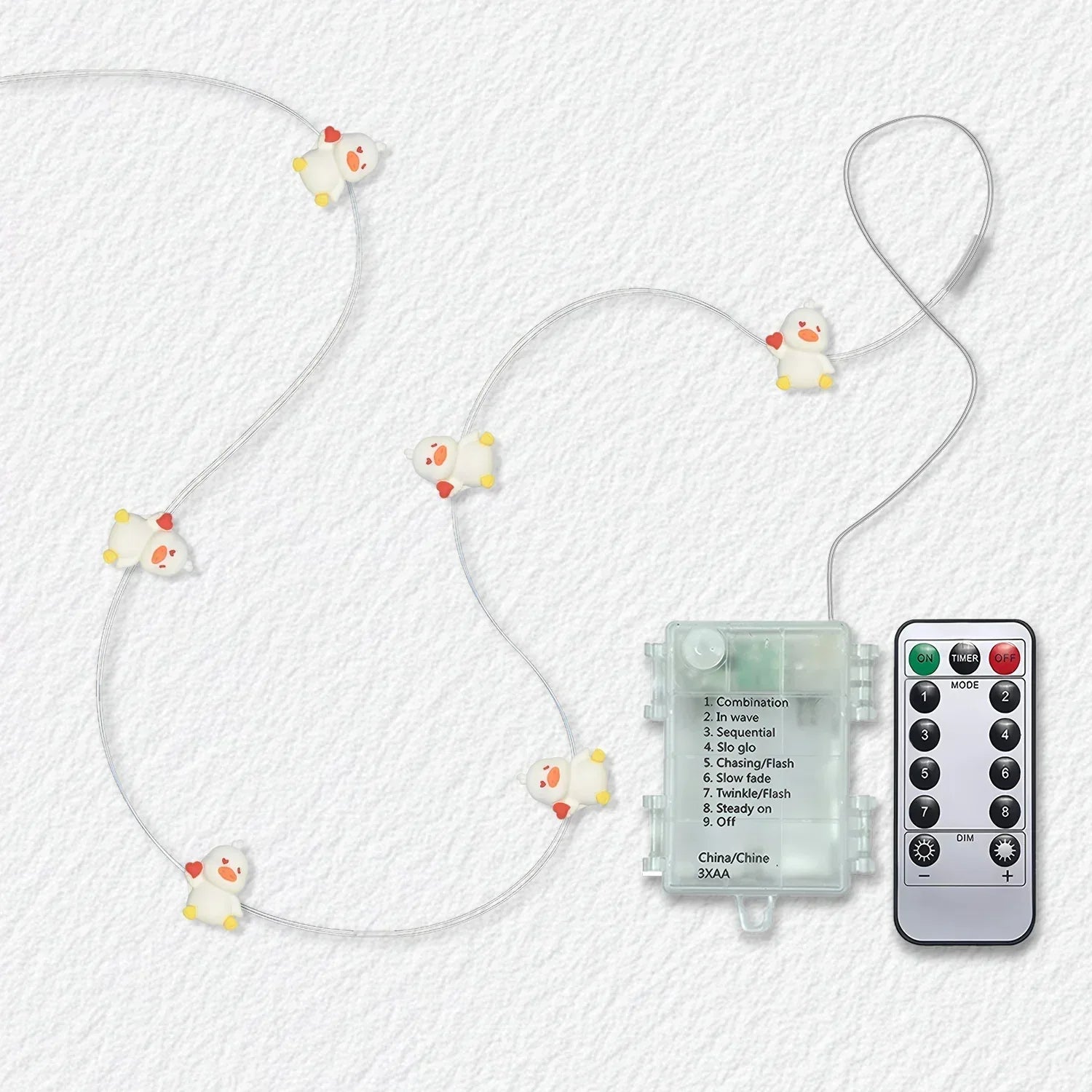 Heart Duck fairy string lights with warm LEDs for indoor bedroom decor, battery operated, 10 ft, 30 LED