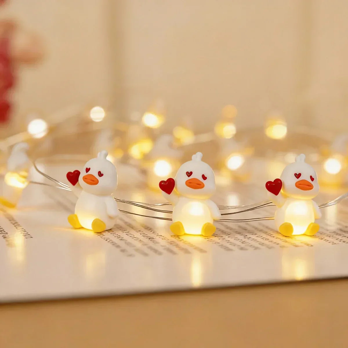 Heart Duck fairy string lights with warm LEDs for indoor bedroom decor, battery operated, 10 ft, 30 LED