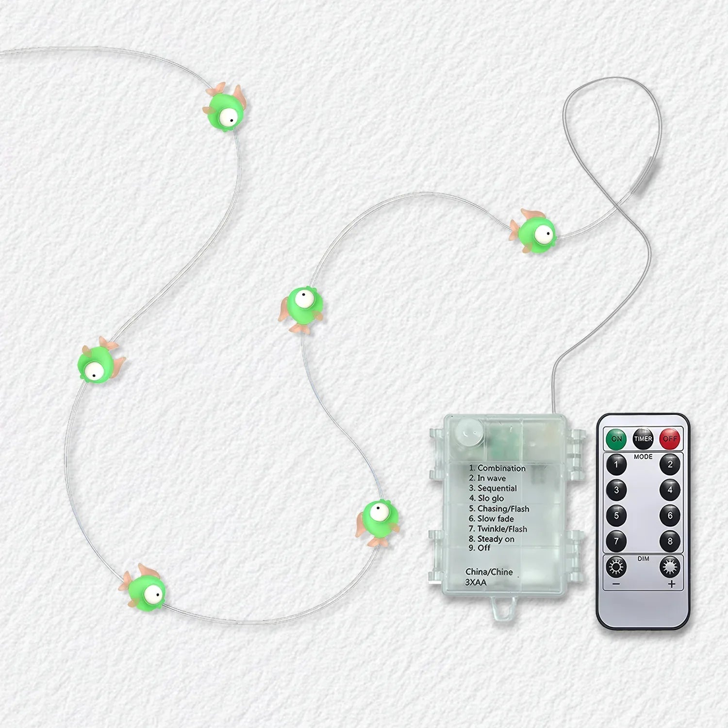 Green Fish fairy string lights with warm LEDs for indoor bedroom decor, battery operated, 10 ft, 30 LED