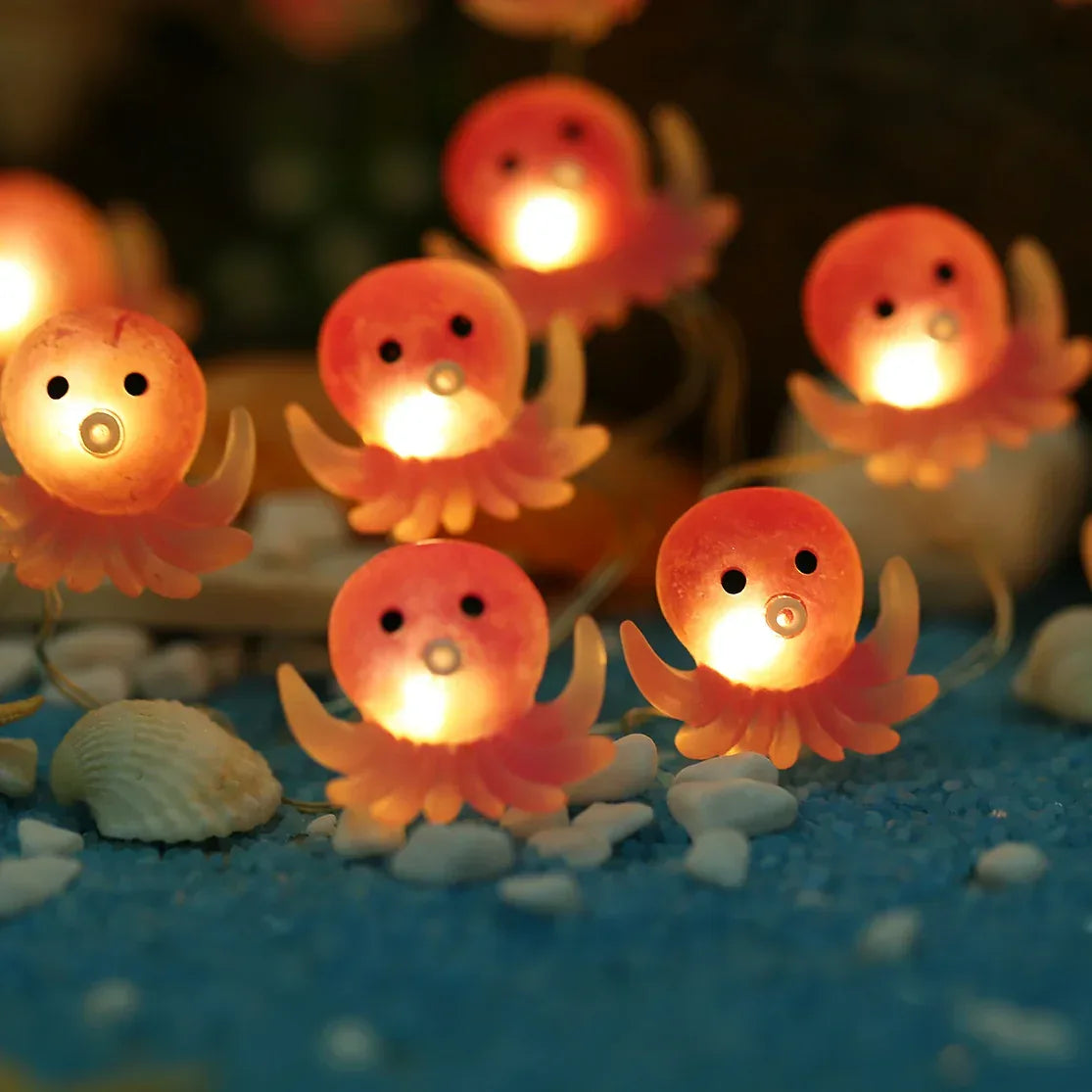 Octopus fairy string lights with warm LEDs for indoor bedroom decor, battery operated, 10 ft, 30 LED