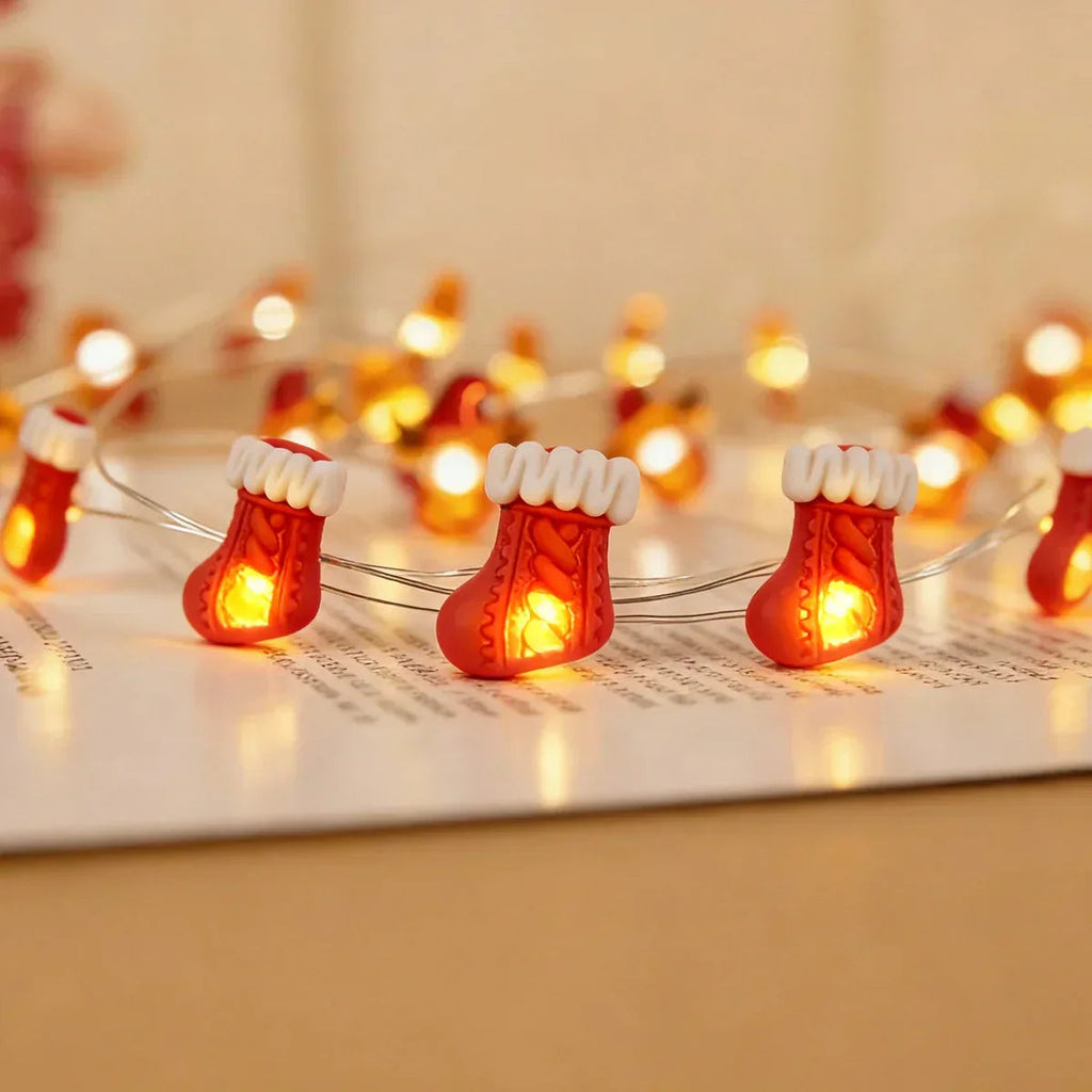 Christmas Stocking fairy string lights with warm LEDs for indoor seasonal decor, battery operated, 10 ft, 30 LED