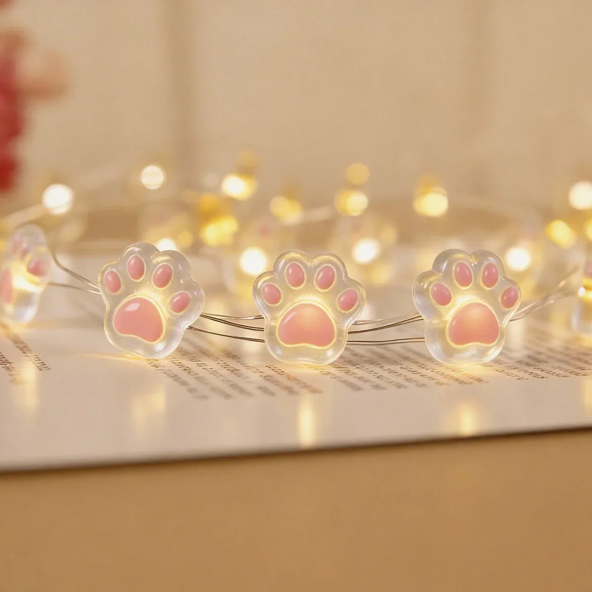 Pink Bear Paw fairy string lights with warm LEDs for indoor bedroom decor, battery operated, 10 ft, 30 LED