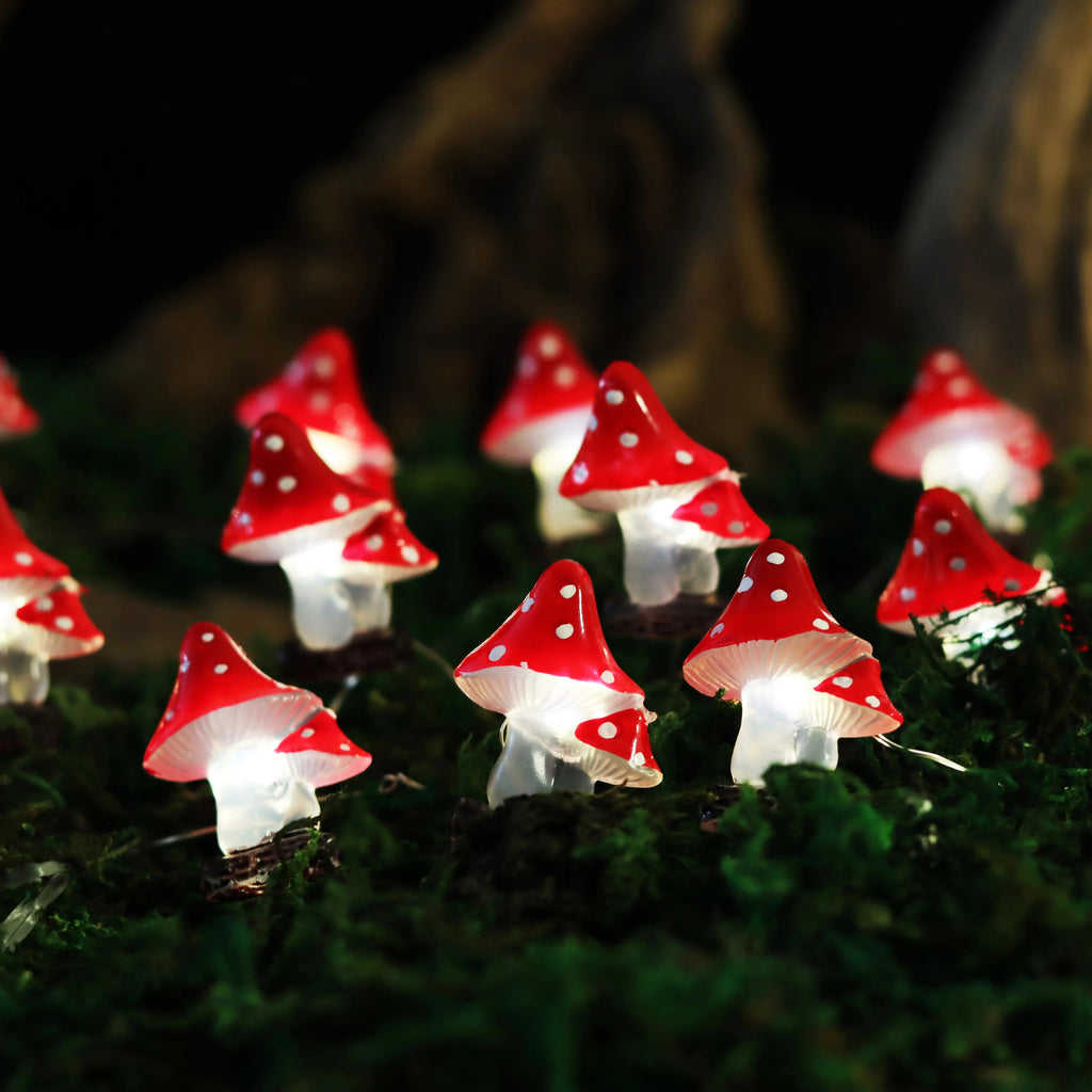 Red Mushroom fairy string lights with warm LEDs for indoor room decor, battery operated, 10 ft, 30 LED