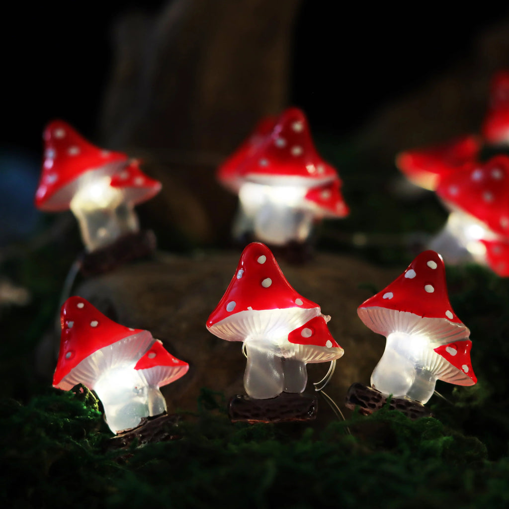 Red Mushroom fairy string lights with warm LEDs for indoor room decor, battery operated, 10 ft, 30 LED