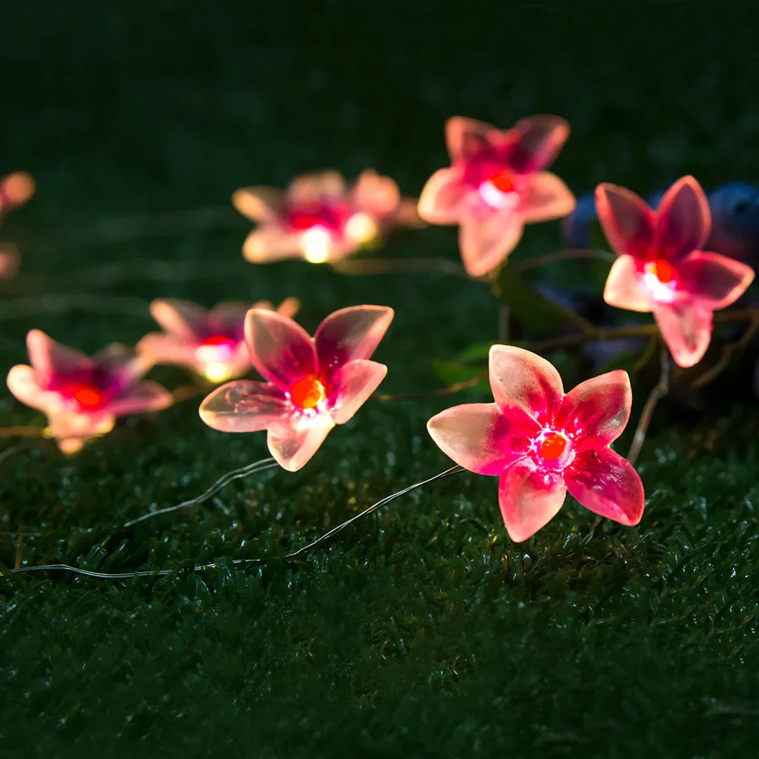 Pink Flower fairy string lights with warm LEDs for indoor room decor, battery operated, 10 ft, 30 LED