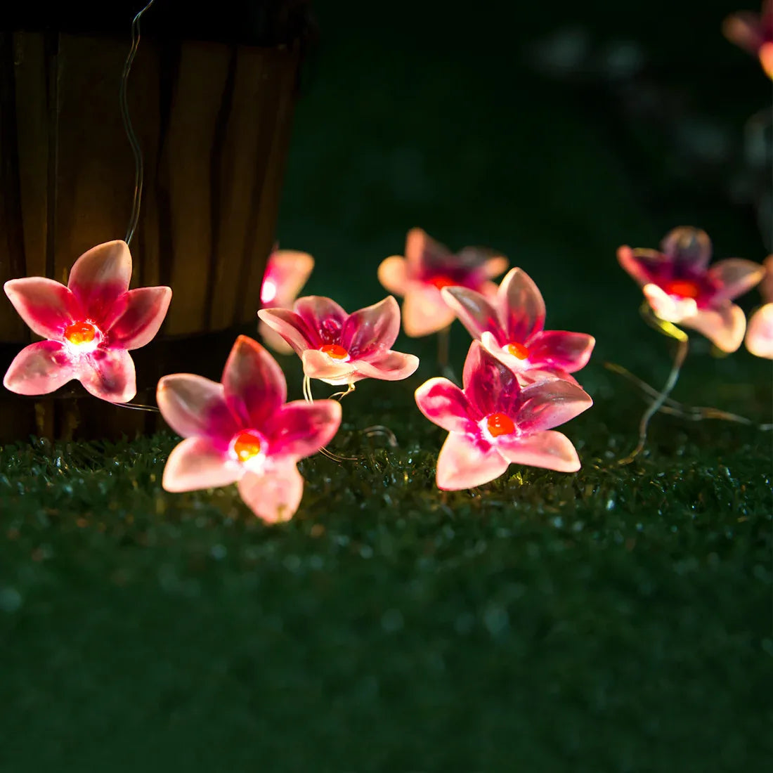 Pink Flower fairy string lights with warm LEDs for indoor room decor, battery operated, 10 ft, 30 LED