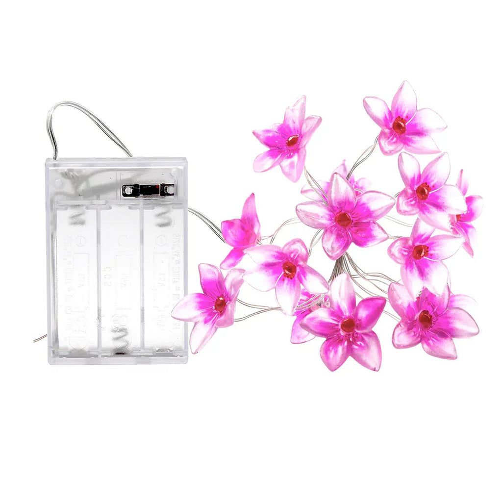 Pink Flower fairy string lights with warm LEDs for indoor room decor, battery operated, 10 ft, 30 LED