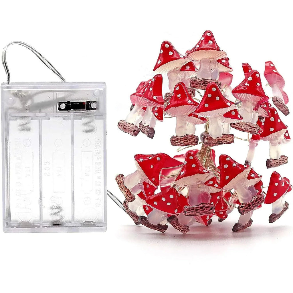 Red Mushroom fairy string lights with warm LEDs for indoor room decor, battery operated, 10 ft, 30 LED