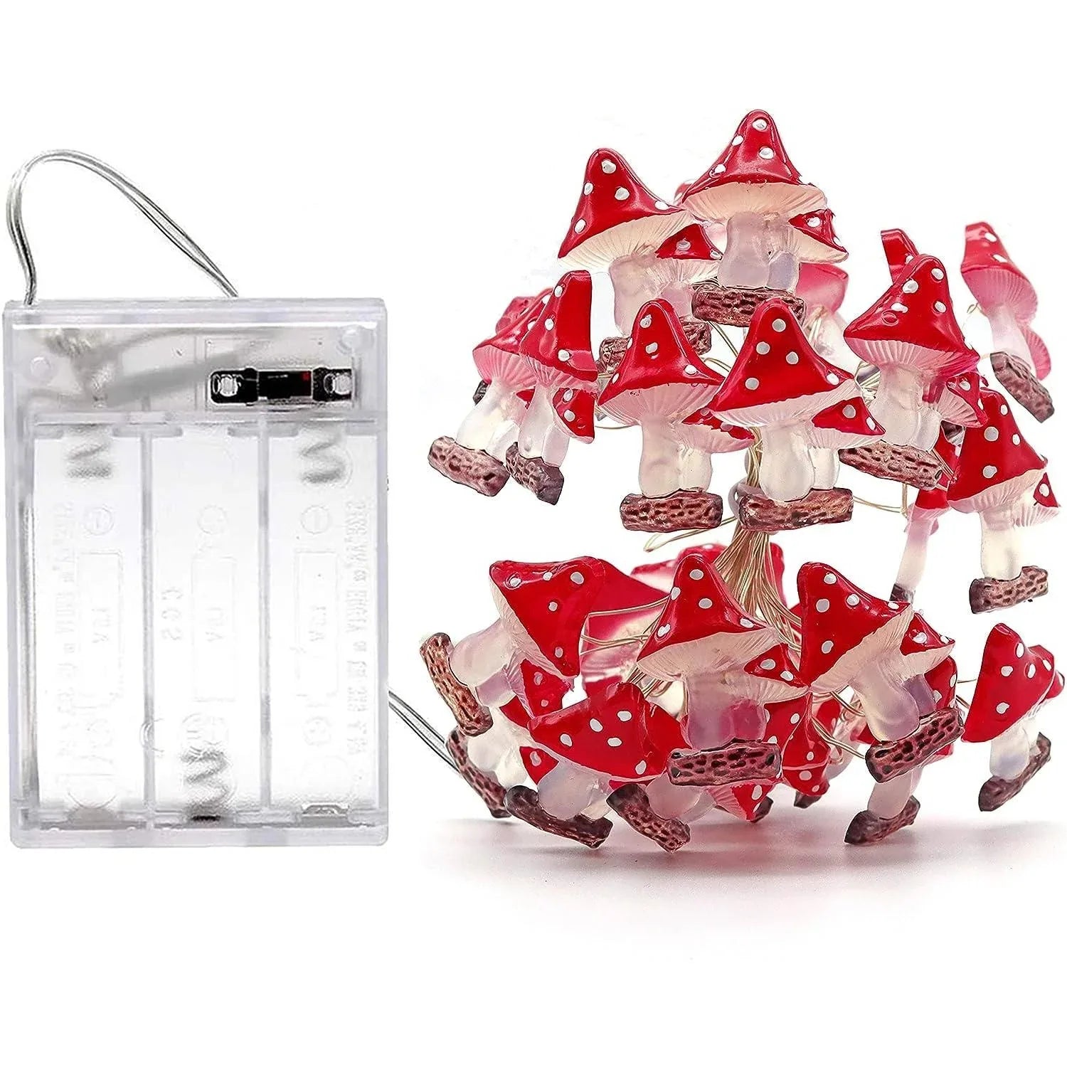 Red Mushroom fairy string lights with warm LEDs for indoor room decor, battery operated, 10 ft, 30 LED