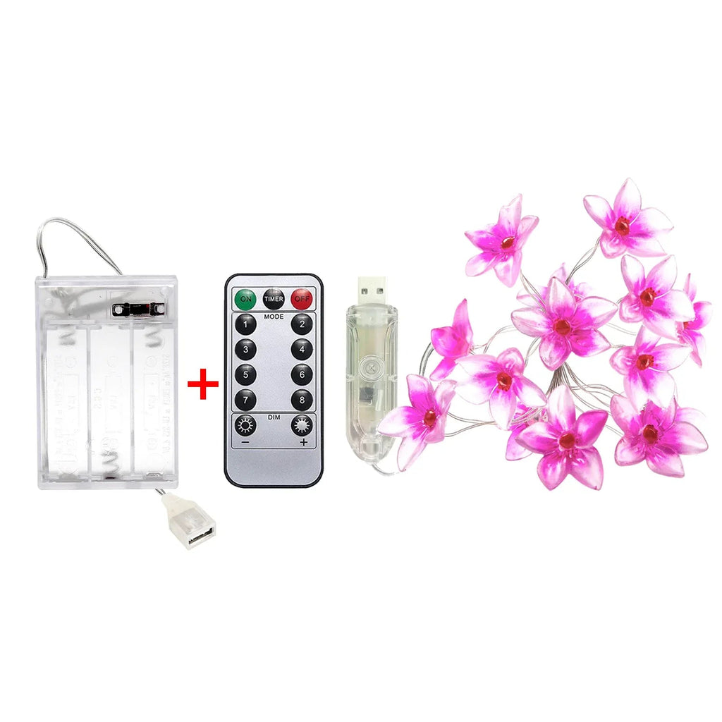 Pink Flower fairy string lights with warm LEDs for indoor room decor, battery operated, 10 ft, 30 LED