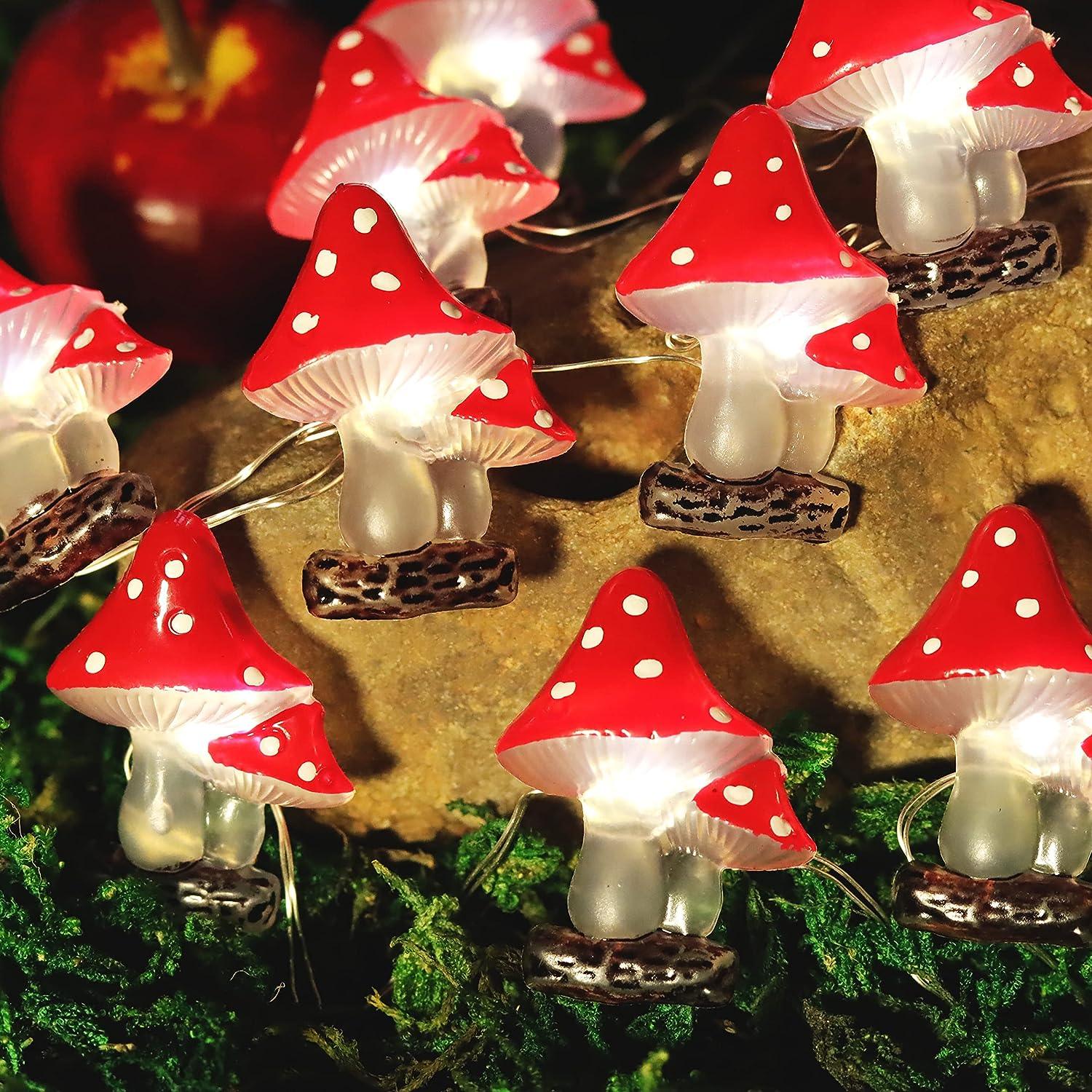 Red Mushroom fairy string lights with warm LEDs for indoor room decor, battery operated, 10 ft, 30 LED
